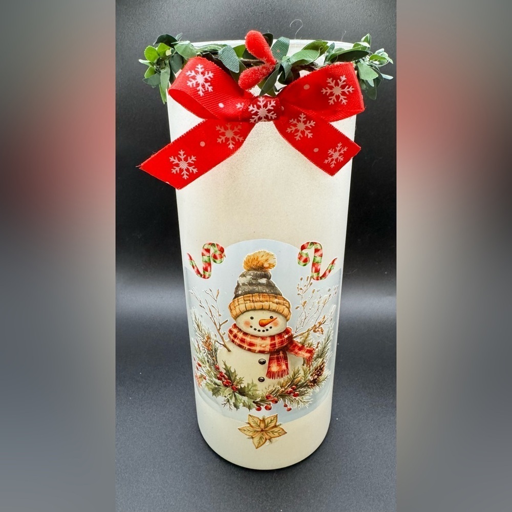 New OOAK White Snowman Pillar Cylinder Votive Christmas Candle